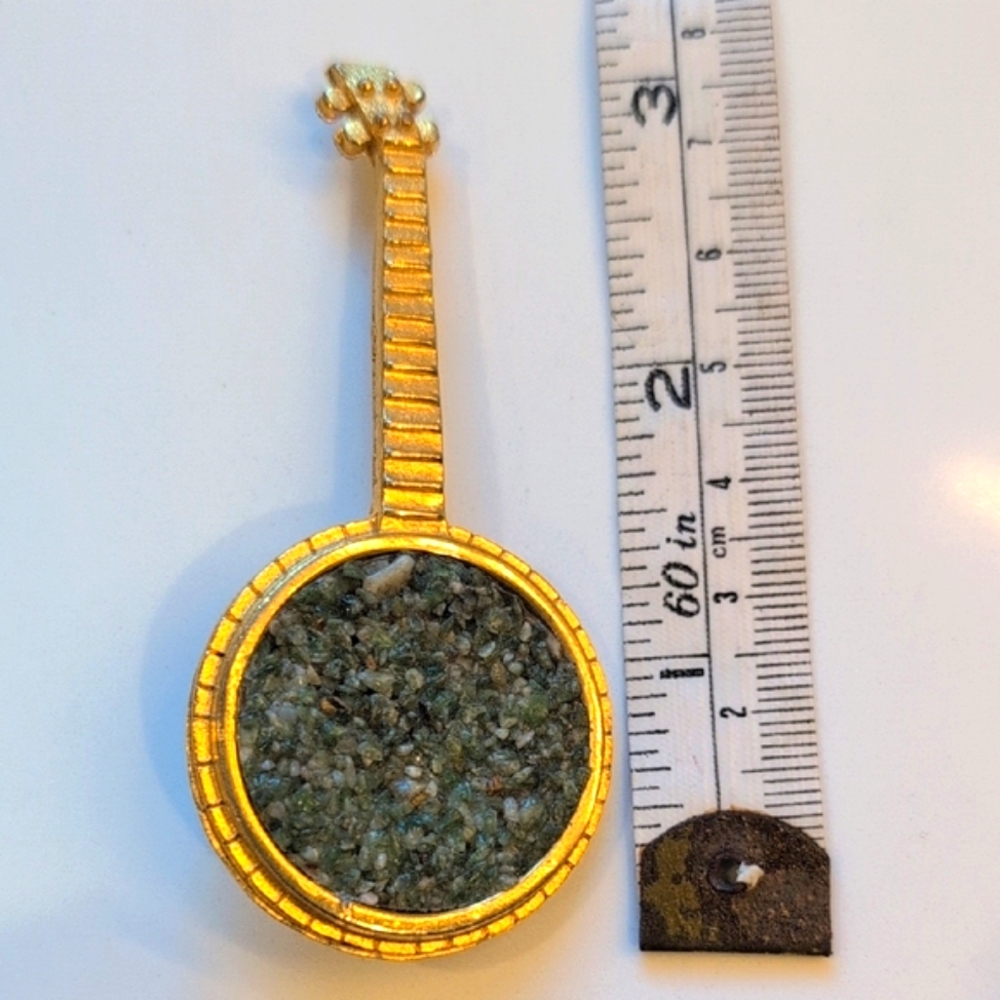 Vintage Banjo  Pin 1950's Brooch Estate Sale Green & Gold  Sparkling Stones Rare
